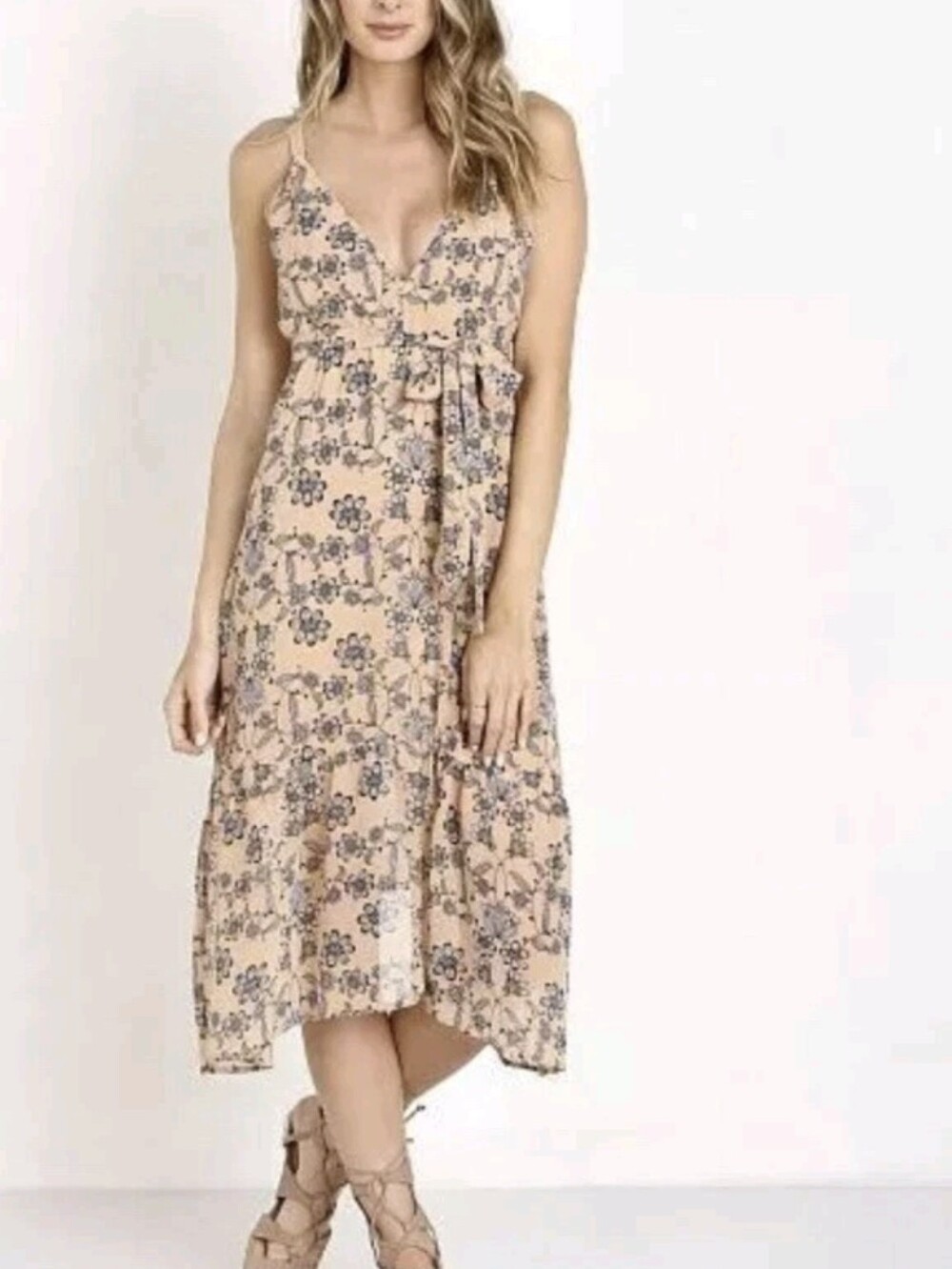 For Love & Lemons Peach Floral Midi Slip Dress with Neck Scarf Size L - Picture 1 of 13